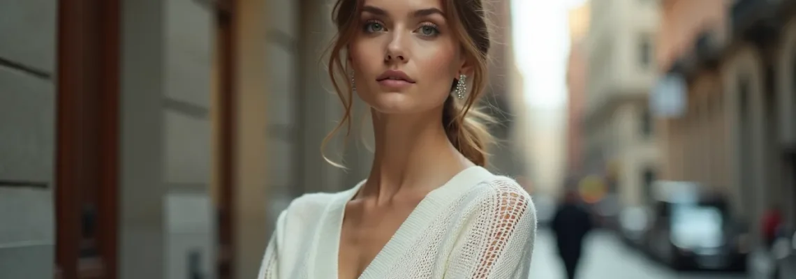 Femme élégante portant un top en maille blanc dans un décor urbain chic, lumière douce mettant en valeur la texture fine de la maille, ambiance intemporelle et sophistiquée