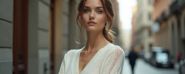 Femme élégante portant un top en maille blanc dans un décor urbain chic, lumière douce mettant en valeur la texture fine de la maille, ambiance intemporelle et sophistiquée