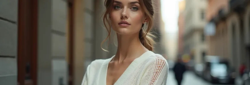 Femme élégante portant un top en maille blanc dans un décor urbain chic, lumière douce mettant en valeur la texture fine de la maille, ambiance intemporelle et sophistiquée