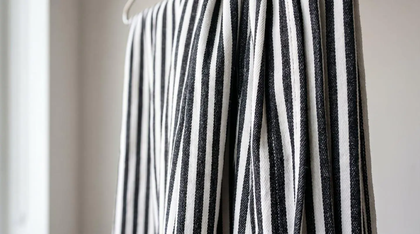 Gros plan d'un tissu à rayures verticales noires et blanches formant des plis naturels, texture visible en détail