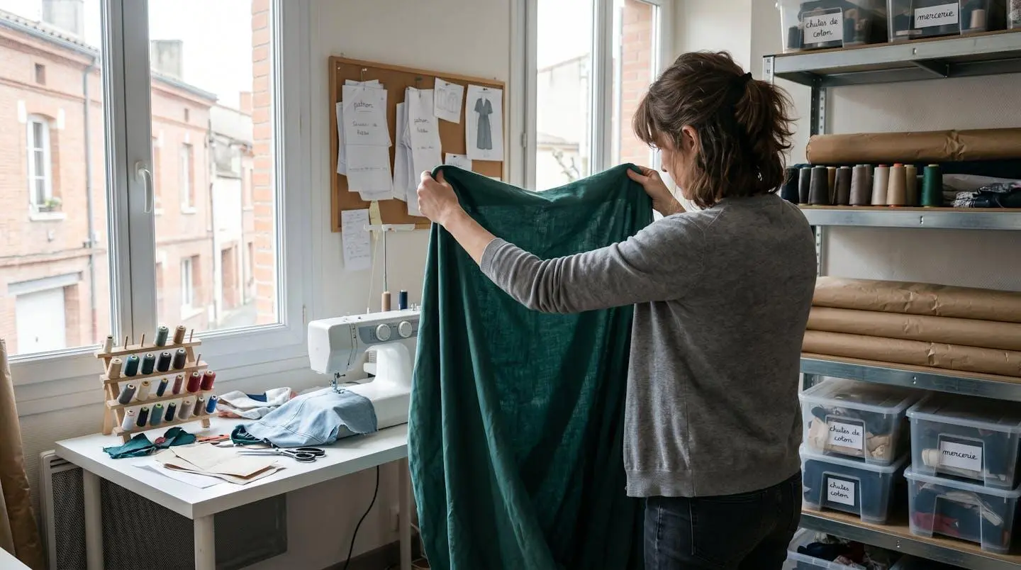 Personne vue de dos tenant un tissu à bout de bras pour observer son tombé naturel dans un atelier couture