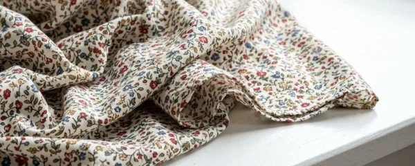 Tissu fluide à motifs floraux drapé sur une surface blanche, créant des plis naturels visibles en détail