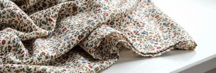 Tissu fluide à motifs floraux drapé sur une surface blanche, créant des plis naturels visibles en détail