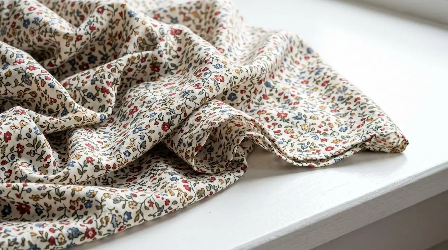 Tissu fluide à motifs floraux drapé sur une surface blanche, créant des plis naturels visibles en détail