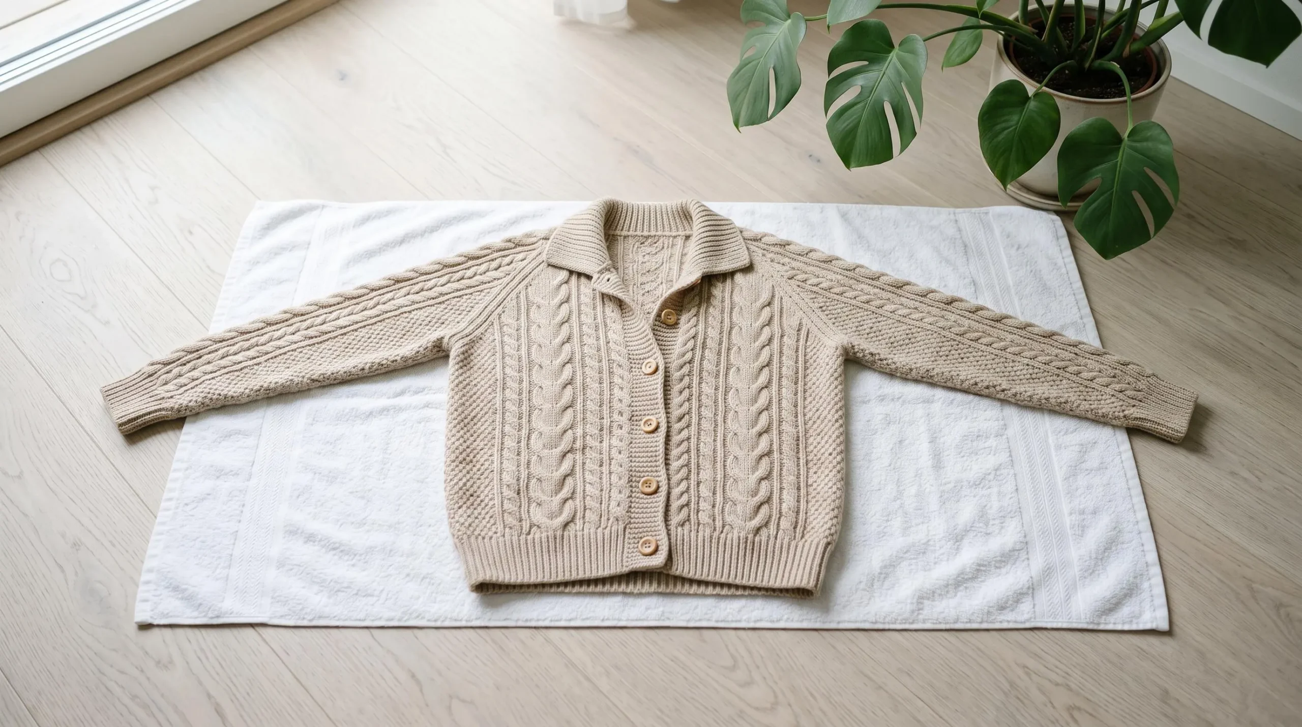 Cardigan beige en maille soigneusement disposé à plat sur une serviette blanche sur parquet clair, en train de sécher dans un intérieur lumineux minimaliste