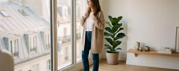 Femme française d'environ 35 ans portant un cardigan long beige en maille naturelle avec jean foncé, debout près d'une fenêtre dans un intérieur parisien contemporain lumineux aux tons clairs