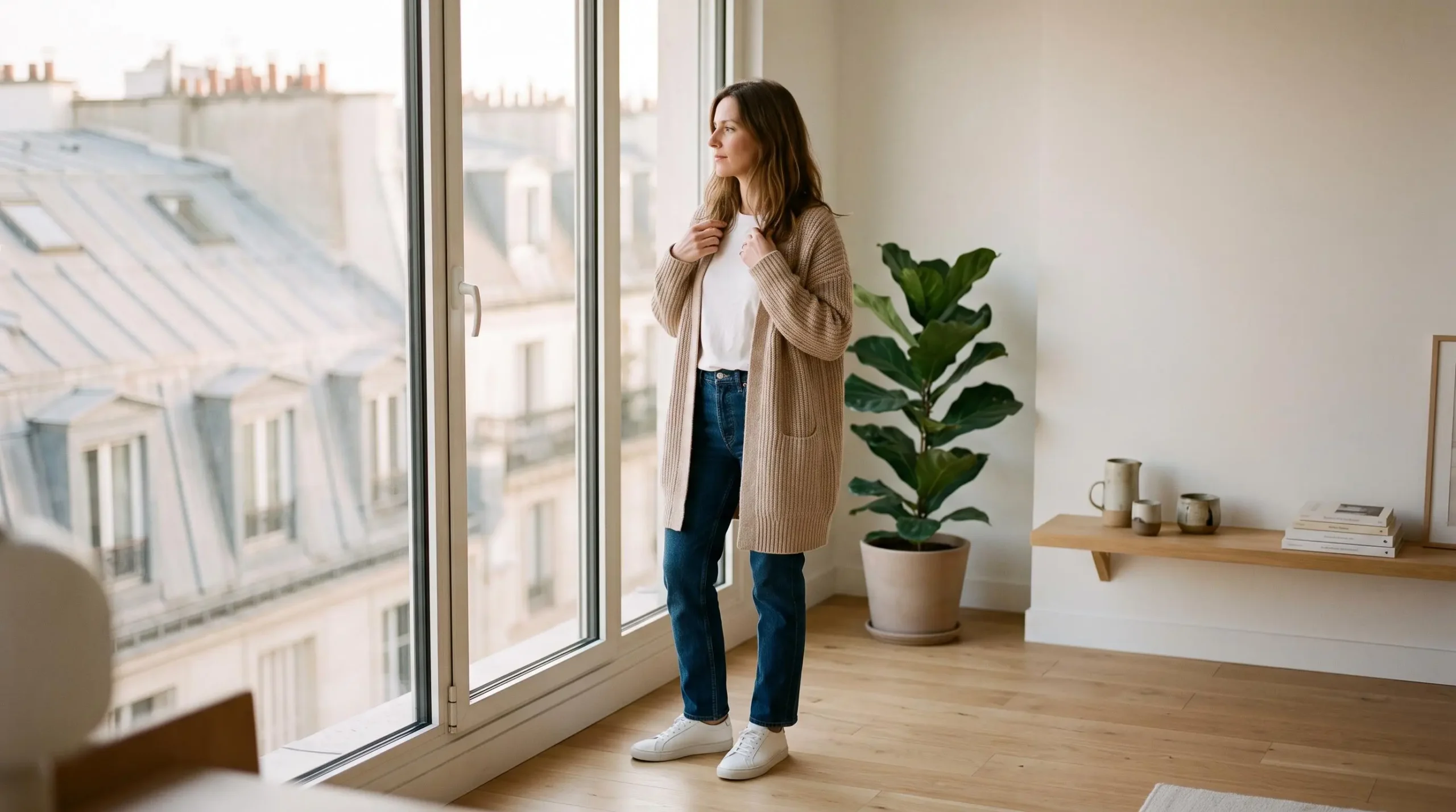 Femme française d'environ 35 ans portant un cardigan long beige en maille naturelle avec jean foncé, debout près d'une fenêtre dans un intérieur parisien contemporain lumineux aux tons clairs