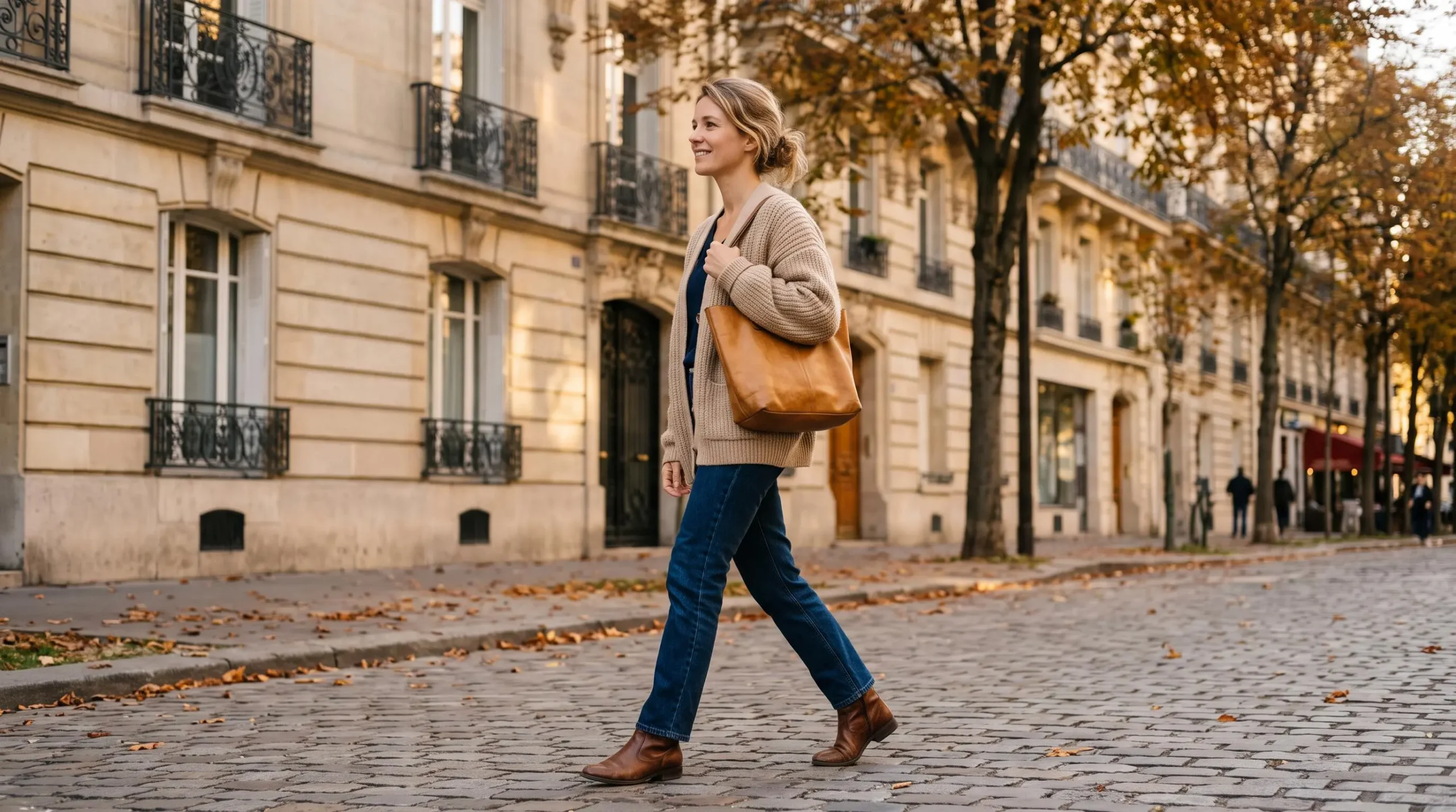 Femme française d'environ 30 ans portant une veste oversize beige en maille avec jean foncé et bottines marron, marchant dans une rue parisienne haussmannienne en lumière d'automne