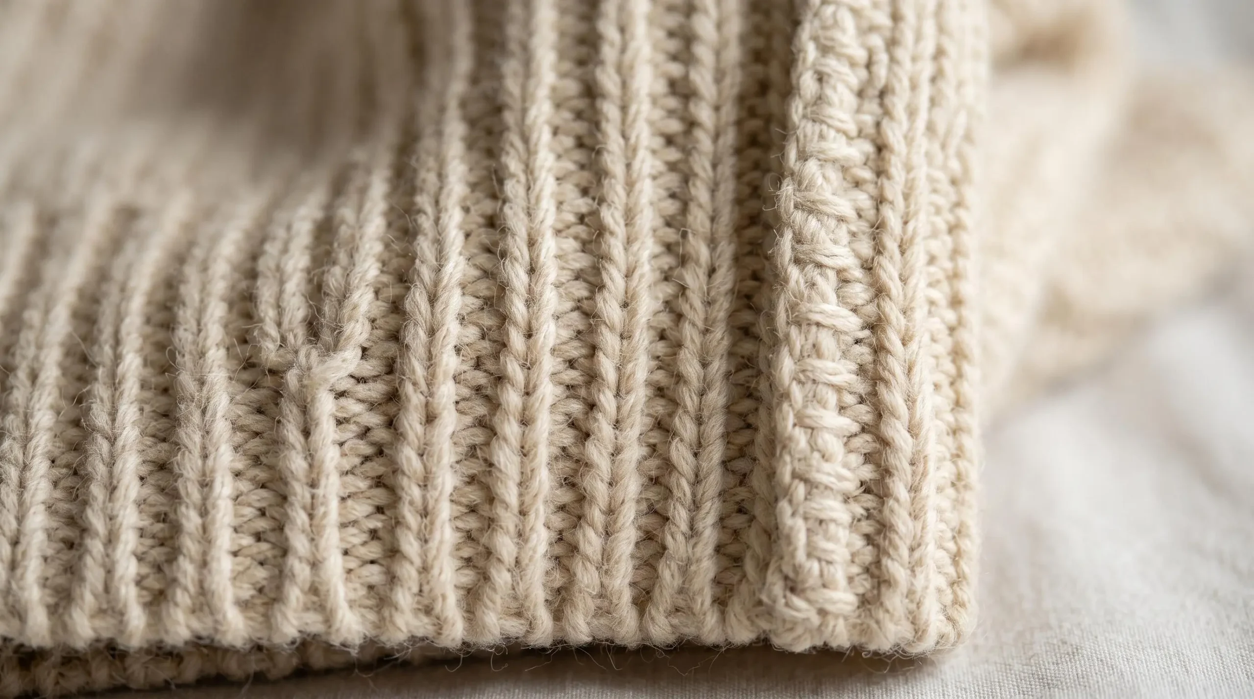 Gros plan macro sur la texture d'une maille tricotée épaisse beige naturelle montrant la régularité du tricotage, la densité des fibres et les finitions d'une couture